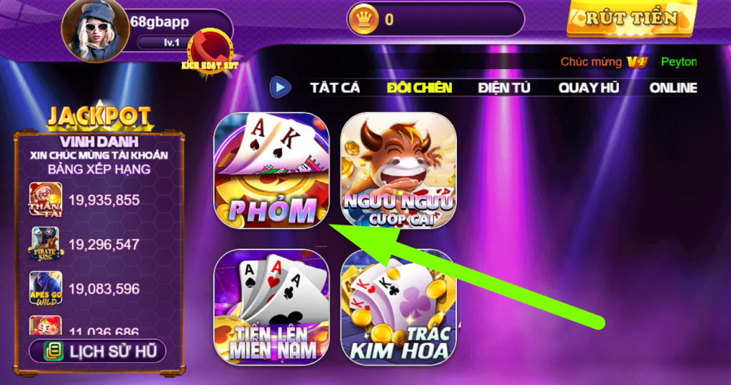 Giao diện bàn bài Phỏm 68GB sang trọng và trực quan